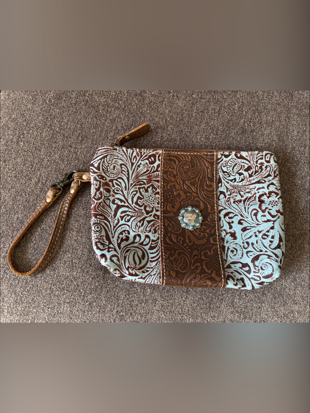Myra Bag Brown and Light Blue Tooled Leather Wristlet with Turquoise Concho